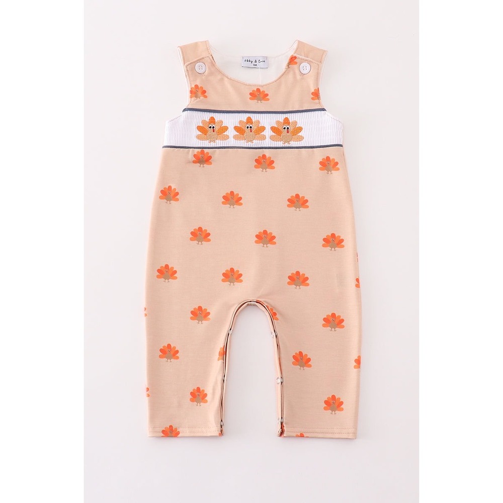 Infant‎ 6M Turkey Romper Smocked Embroidered Thanksgiving Neutral Boutique NEW